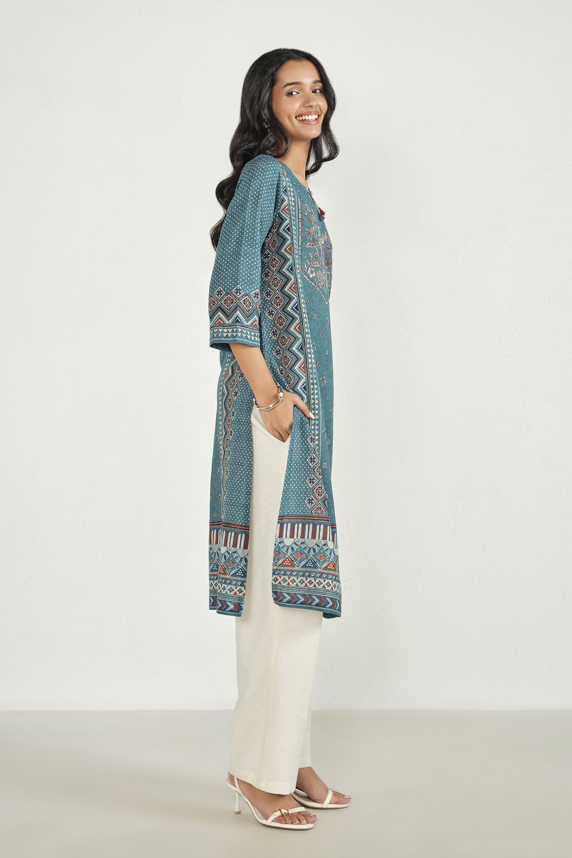 Birdsong Blue Printed Kurta, Powder Blue, image 4